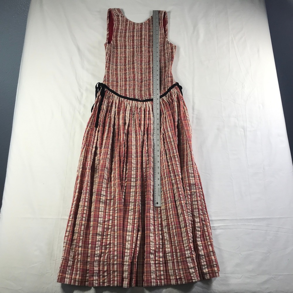 Free People Red Plaid Smocked Nightingale Dress Sleeveless Velvet Tie Medium M - Picture 2 of 7